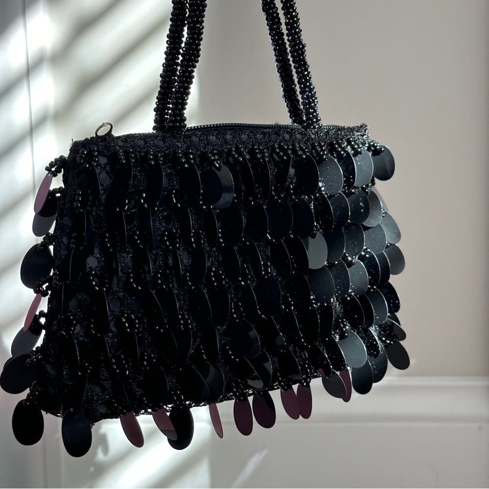 Vintage Black Beaded Evening Wristlet Handbag Purse